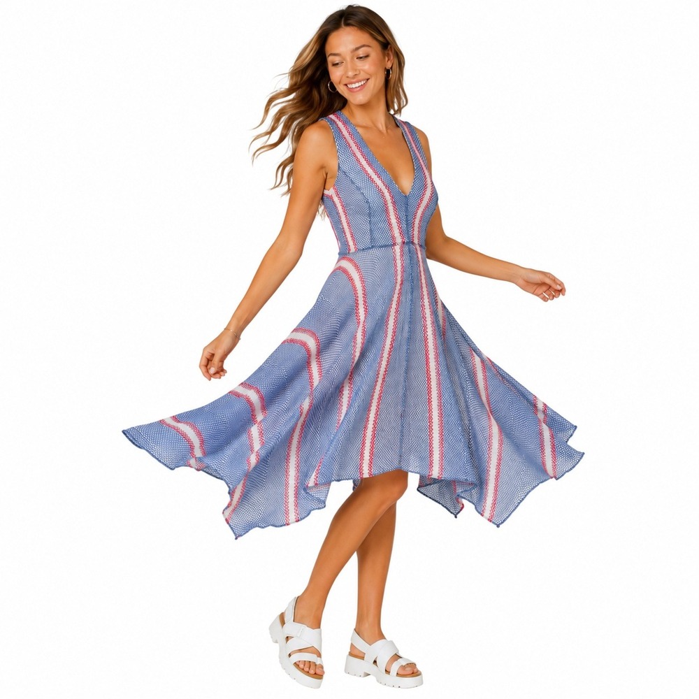 Sandro Paris Blue Red White Striped Mesh Handkerchief Hem Midi Dress NWT